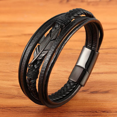 Multi-layer-Leather-Feather-Shape-Accessories-Mens-Bracelet_black