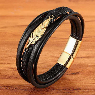 Multi-layer-Leather-Feather-Shape-Accessories-Mens-Bracelet_gold-15cm